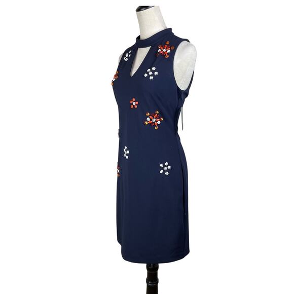 Guess NWT Navy Crepe Fabric Orange & White Bead Embellished Choker Sheath Dress - Picture 3 of 13